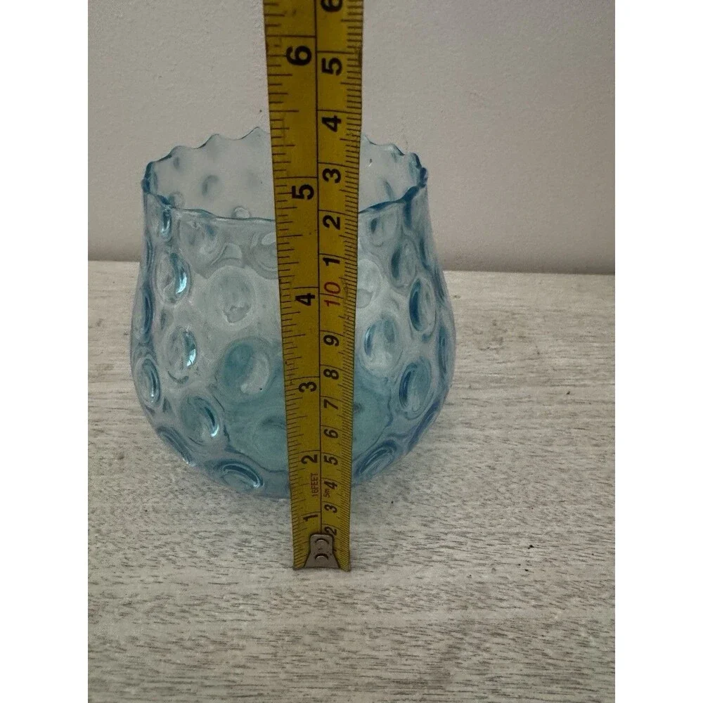 Vintage Borske Sklo Czech Blue Glass Optical Olives Coin Dot Vase MCM